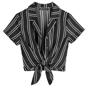 Striped Lapel Collar Top Short Sleeve Tie Front Crop Shirt Black
